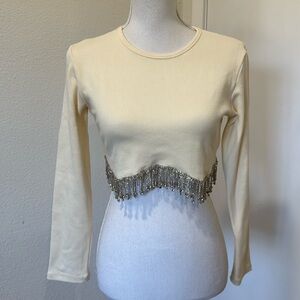 Cream Long-Sleeve Cropped Top with Beaded Fringe